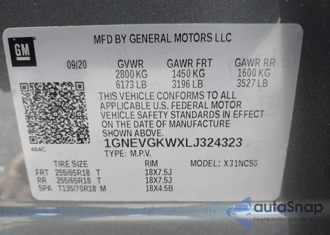 2020 Chevrolet Traverse Awd Lt Cloth from USA, damaged, VIN 1GNEVGKWXLJ324323